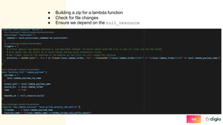 ● Building a zip for a lambda function
● Check for file changes
● Ensure we depend on the null_resource
 
