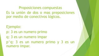 Proposiciones compuestas
Es la unión de dos o mas preposiciones
por medio de conectivos lógicos.
Ejemplo:
p: 3 es un numero primo
q: 3 es un numero impar
p^q: 3 es un numero primo y 3 es un
numero impar.
 