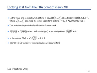 Luc_Faucheux_2020
Looking at it from the FRA point of view - VII
¨ So the value of a contract which at time 𝑡A pays {$𝑙 𝑡, 𝑡A, 𝑡Q . 𝜏} and receive {$𝐿 𝑡, 𝑡A, 𝑡Q . 𝜏},
where 𝐿 𝑡, 𝑡A, 𝑡Q gets fixed (becomes a constant) at time 𝑡 = 𝑡A, IS ALWAYS POSITIVE !!
¨ This is something we saw already in the Options deck
¨ 𝔼 𝑓(𝐿) > 𝑓(𝔼 𝐿 ) when the function 𝑓(𝑥) is positively convex (
l+f(9)
l9+ > 0)
¨ In the case of 𝑓 𝑥 = 𝑥5,
l+f(9)
l9+ = 2 > 0
¨ 𝔼 𝐿5 > 𝔼 𝐿 5 whatever the distribution we assume for 𝐿
161
 