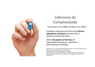 Inventário	
  de	
  
ParRcipação	
  de	
  Liderança	
  
Deﬁne	
  5	
  práRcas	
  de	
  liderança	
  exemplar:	
  
	
  
•  Modelar	
  o	
  caminho	
  
•  Inspirar	
  uma	
  visão	
  parFlhada	
  
•  Desaﬁar	
  o	
  processo	
  
•  PermiFr	
  que	
  os	
  outros	
  actuem	
  
•  Encorajar	
  o	
  coração	
  
Kouzes,	
  M.,	
  &	
  Posner,	
  B.	
  Z.	
  (1987).	
  The	
  leadership	
  challenge:	
  How	
  to	
  get	
  extraordinary	
  
things	
  done	
  in	
  organiza>ons.	
  San	
  Francisco:	
  Jossey-­‐Bass.	
  	
  
Kouzes	
  e	
  Posner	
  (1987)	
  
 