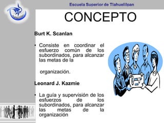 CONCEPTO
Burt K. Scanlan
• Consiste en coordinar el
esfuerzo común de los
subordinados, para alcanzar
las metas de la
organización.
Leonard J. Kazmie
• La guía y supervisión de los
esfuerzos de los
subordinados, para alcanzar
las metas de la
organización
 
