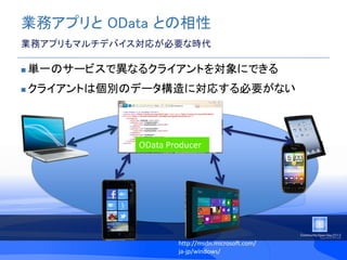 業務アプリと OData との相性
業務アプリもマルチデバイス対応が必要な時代

   単一のサービスで異なるクライアントを対象にできる
   クライアントは個別のデータ構造に対応する必要がない



              OData Producer




                      http://msdn.microsoft.com/
                      ja-jp/windows/
 