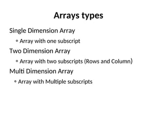Arrays types
Single Dimension Array
◦ Array with one subscript
Two Dimension Array
◦ Array with two subscripts (Rows and Column)
Multi Dimension Array
◦ Array with Multiple subscripts
 