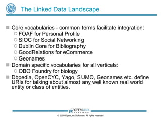 The Linked Data Landscape Core vocabularies - common terms facilitate integration: FOAF for Personal Profile SIOC for Social Networking Dublin Core for Bibliography GoodRelations for eCommerce Geonames Domain specific vocabularies for all verticals: OBO Foundry for biology Dbpedia, OpenCYC, Yago, SUMO, Geonames etc. define URIs for talking about almost any well known real world entity or class of entities. © 2009 OpenLink Software, All rights reserved 