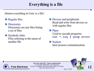 Everything is a file Regular files Directories Directories are just files listing a set of files Symbolic links Files referring to the name of another file Devices and peripherals Read and write from devices as with regular files Pipes Used to cascade programs cat *.log  |  grep error Sockets Inter process communication Almost everything in Unix is a file! 