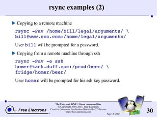 rsync examples (2) Copying to a remote machine rsync -Pav /home/bill/legal/arguments/ \ bill@www.sco.com:/home/legal/arguments/ User  bill  will be prompted for a password. Copying from a remote machine through ssh rsync -Pav -e ssh homer@tank.duff.com:/prod/beer/ \ fridge/homer/beer/ User  homer  will be prompted for his ssh key password. 