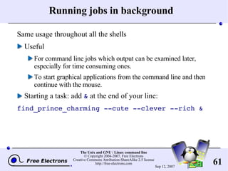 Running jobs in background Same usage throughout all the shells Useful For command line jobs which output can be examined later, especially for time consuming ones. To start graphical applications from the command line and then continue with the mouse. Starting a task: add  &  at the end of your line: find_prince_charming --cute --clever --rich & 