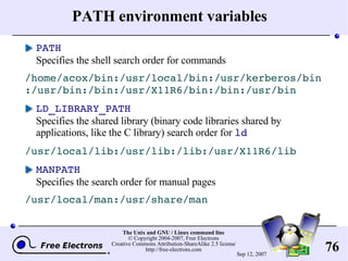 PATH environment variables PATH Specifies the shell search order for commands /home/acox/bin:/usr/local/bin:/usr/kerberos/bin:/usr/bin:/bin:/usr/X11R6/bin:/bin:/usr/bin LD_LIBRARY_PATH Specifies the shared library (binary code libraries shared by applications, like the C library) search order for  ld /usr/local/lib:/usr/lib:/lib:/usr/X11R6/lib MANPATH Specifies the search order for manual pages /usr/local/man:/usr/share/man 