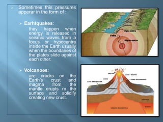    Sometimes this pressures
    apperar in the form of :

       Earhtquakes:
          they happen when
          energy is released in
          seismic waves from a
          focus or hypocentre
          inside the Earth usually
          when the boundaries of
          the plates slide against
          each other.

       Volcanoes:
          are cracks on the
          Earth’s    crust    and
          magma       from     the
          mantle erupts ro the
          surface and solidify
          creating new crust.
 