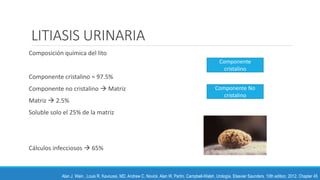 LITIASIS URINARIA
Composición química del lito
Componente cristalino = 97.5%
Componente no cristalino  Matriz
Matriz  2.5%
Soluble solo el 25% de la matriz
Cálculos infecciosos  65%
Alan J. Wein , Louis R. Kavoussi, MD, Andrew C. Novick, Alan W. Partin. Campbell-Walsh, Urología. Elsevier Saunders. 10th edition, 2012. Chapter 45
Componente
cristalino
Componente No
cristalino
 