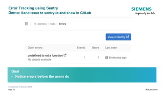 Unrestricted © Siemens 2019
Page 10 #GitLabCommit
Error Tracking using Sentry
Demo: Send issue to sentry.io and show in GitLab
Goal
• Notice errors before the users do
 