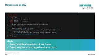 Unrestricted © Siemens 2019
Page 9 #GitLabCommit
Release and deploy
Goals
• Avoid rebuilds of containers è use Crane
• Deploy only tested and tagged versions to prod
 