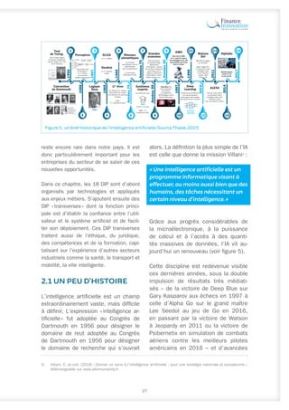 reste encore rare dans notre pays. Il est
donc particulièrement important pour les
entreprises du secteur de se saisir de ces
nouvelles opportunités.
Dans ce chapitre, les 18 DIP sont d’abord
organisés par technologies et appliqués
aux enjeux métiers. S’ajoutent ensuite des
DIP « 
transverses 
» dont la fonction princi-
pale est d’établir la confiance entre l’utili-
sateur et le système artificiel et de facili-
ter son déploiement. Ces DIP transverses
traitent aussi de l’éthique, du juridique,
des compétences et de la formation, capi-
talisant sur l’expérience d’autres secteurs
industriels comme la santé, le transport et
mobilité, la ville intelligente.
2.1 UN PEU D’HISTOIRE
L’intelligence artificielle est un champ
extraordinairement vaste, mais difficile
à définir. L’expression « 
intelligence ar-
tificielle 
» fut adoptée au Congrès de
Dartmouth en 1956 pour désigner le
domaine de reut adoptée au Congrès
de Dartmouth en 1956 pour désigner
le domaine de recherche qui s’ouvrait
9.	 Villani, C. et coll. (2018) « Donner un sens à l’intelligence artificielle : pour une stratégie nationale et européenne »,
téléchargeable sur www.aiforhumanity.fr.
alors. La définition la plus simple de l’IA
est celle que donne la mission Villani9
:
« Une intelligence artificielle est un
programme informatique visant à
effectuer, au moins aussi bien que des
humains, des tâches nécessitant un
certain niveau d’intelligence. »
Grâce aux progrès considérables de
la microélectronique, à la puissance
de calcul et à l’accès à des quanti-
tés massives de données, l’IA vit au-
jourd’hui un renouveau (voir figure 5).
Cette discipline est redevenue visible
ces dernières années, sous la double
impulsion de résultats très médiati-
sés – de la victoire de Deep Blue sur
Gary Kasparov aux échecs en 1997 à
celle d’Alpha Go sur le grand maître
Lee Seedol au jeu de Go en 2016,
en passant par la victoire de Watson
à Jeopardy en 2011 ou la victoire de
Psibernetix en simulation de combats
aériens contre les meilleurs pilotes
américains en 2016 – et d’avancées
27
1950
1956
1957
1965
Années
70
1999
2011
AIBO
Sony lance AIBO,
le 1er
robot IA animal
de compagnie avec une
personnalité qui évolue
dans le temps.
AlphaGo gagne
contre K. Jie
au jeu de Go.
ELIZA
Le 1er
chatbot
Dendral
Le 1er
système
expert
Réseaux
sémantiques
Démonstrations
en apprentissage,
planification
multi-agents, analyse
de données, traîtement
automatique de la
langue et traduction
automatique, vision,
réalité virtuelle, jeu…
IBM Watson gagne
au Jeopardy.
Apple intègre Siri,
un assistant virtuel
intelligent doté
d'une interface
vocale, dans
l'iPhone 4S.
Grandes
avancées
Alan Turing imagine
la machine intelligente.
Asimov publie les 3 lois
de la robotique.
Rosenblatt crée
le Perceptron,
le 1er
réseau
de neurones
capable d’apprendre.
Test
de Turing
1 3 5 7 11 13
2 4 6 8 10 12 14
15
Convention
de Dartmouth
Perceptron
M. Minsky & S. Papert
démontrent les limites
des réseaux de neurones
simples.
1969 :
1ère
conférence IJCAI.
Logique
floue
Les réseaux
sémantiques comme
représentation
de la connaissance.
A. Colmerauer
développe Prolog.
Watson
Siri
AlphaGo
Zadeh
EXPERT SYSTEM
ARTIFICIAL
NEUTRAL
NETWORK
1er
hiver Systèmes
experts
Les machines Lisp.
1980 : 1ère
conférence AAAI.
Deep Blue bat
Garry Kasparov
aux échecs.
Le programme
Othello gagne contre
Takeshi Murakami.
Deep
Learning
Facebook peut effectuer
une reconnaissance
automatique des visages
aussi précise que l’humain.
ALEXA
Amazon lance Alexa,
un assistant virtuel
intelligent doté d'une
interface vocale
pour les actions d'achat.
2014
201O
1997
Années
80
Années
70
1965
Inputs Weights Net input
function
Activation
function
Output
2017
Années
90
9
Figure 5 : un bref historique de l’intelligence artificielle (SourceThales 2017)
 