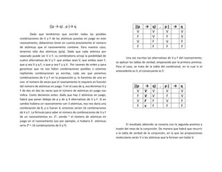 [(p	
  →	
  q)	
  .	
  p	
  ]→	
  q	
  
Dado	
   que	
   tendremos	
   que	
   escribir	
   todas	
   las	
   posibles	
  
combinaciones	
  de	
  V	
  y	
  F	
  de	
  las	
  atómicas	
  puestas	
  en	
  juego	
  en	
  este	
  
razonamiento,	
  deberemos	
  tener	
  en	
  cuenta	
  previamente	
  el	
  número	
  
de	
   atómicas	
   que	
   el	
   razonamiento	
   contiene.	
   Para	
   nuestro	
   caso,	
  
tenemos	
   sólo	
   dos	
   atómicas	
   (p/q).	
   Dado	
   que	
   cada	
   atómica	
   por	
  
separado	
  puede	
  ser	
  V	
  o	
  F,	
  su	
  combinatoria	
  arroja	
  la	
  posibilidad	
  de	
  
cuatro	
  alternativas	
  de	
  V	
  y	
  F:	
  que	
  ambas	
  sean	
  V,	
  que	
  ambas	
  sean	
  F,	
  
que	
  p	
  sea	
  V	
  y	
  q	
  F,	
  o	
  que	
  p	
  sea	
  F	
  y	
  q	
  V.	
  	
  Por	
  razones	
  de	
  orden	
  y	
  para	
  
garantizar	
   que	
   no	
   nos	
   falten	
   combinaciones	
   posibles	
   o	
   estemos	
  
repitiendo	
   combinaciones	
   ya	
   escritas,	
   cada	
   vez	
   que	
   ponemos	
  
combinaciones	
  de	
  V	
  y	
  F	
  en	
  la	
  proposición	
  p,	
  lo	
  haremos	
  de	
  uno	
  en	
  
uno	
  	
  el	
  número	
  de	
  veces	
  que	
  el	
  razonamiento	
  lo	
  requiere	
  en	
  función	
  
del	
  número	
  de	
  atómicas	
  en	
  juego.	
  Y	
  en	
  el	
  caso	
  de	
  q,	
  escribiremos	
  V	
  y	
  
F	
  de	
  dos	
  en	
  dos	
  las	
  veces	
  que	
  el	
  número	
  de	
  atómicas	
  en	
  juego	
  nos	
  
indica.	
   Como	
   decíamos	
   antes:	
   dado	
   que	
   hay	
   2	
   atómicas	
   en	
   juego,	
  
habrá	
  que	
  poner	
  debajo	
  de	
  p	
  y	
  de	
  q	
  4	
  alternativas	
  de	
  V	
  y	
  F.	
  Si	
  en	
  
cambio	
  hubiera	
  un	
  razonamiento	
  con	
  3	
  atómicas,	
  eso	
  nos	
  daría	
  una	
  
combinación	
  de	
  8,	
  y	
  si	
  fueran	
  4,	
  entonces	
  serían	
  16	
  combinaciones	
  
de	
  V	
  y	
  F.	
  La	
  fórmula	
  para	
  saber	
  el	
  número	
  de	
  combinaciones	
  de	
  V	
  y	
  F	
  
de	
   un	
   razonamientos	
   es:	
   2ⁿ,	
   siendo	
   ⁿ	
   el	
   número	
   de	
   atómicas	
   en	
  
juego	
  en	
  el	
  razonamiento	
  (así	
  por	
  ejemplo,	
  si	
  hubiera	
  4	
  	
  atómicas	
  
sería	
  2⁴	
  =	
  16	
  combinaciones	
  de	
  V	
  y	
  F).	
  
	
  
	
  
	
  [(p	
   →	
   q)	
   .	
   p	
  ]	
   →	
   q	
  
V	
   	
   V	
   	
   V	
   	
   V	
  
F	
   	
   V	
   	
   F	
   	
   V	
  
V	
   	
   F	
   	
   V	
   	
   F	
  
F	
   	
   F	
   	
   F	
   	
   F	
  
	
  
Una	
  vez	
  escritas	
  las	
  alternativas	
  de	
  V	
  y	
  F	
  del	
  razonamiento,	
  
se	
  aplican	
  las	
  tablas	
  de	
  verdad,	
  empezando	
  por	
  la	
  primera	
  premisa.	
  
Para	
   el	
   caso,	
   se	
   trata	
   de	
   la	
   tabla	
   del	
   condicional,	
   en	
   la	
   cual	
   si	
   el	
  
antecedente	
  es	
  V,	
  el	
  consecuente	
  es	
  F:	
  
	
  
[(p	
   →	
   q)	
   .	
   p	
  ]	
   →	
   q	
  
V	
   V	
   V	
   	
   V	
   	
   V	
  
F	
   V	
   V	
   	
   F	
   	
   V	
  
V	
   F	
   F	
   	
   V	
   	
   F	
  
F	
   v	
   F	
   	
   F	
   	
   F	
  
	
  
	
  
El	
  resultado	
  obtenido	
  se	
  conecta	
  con	
  la	
  segunda	
  premisa	
  a	
  
través	
  del	
  nexo	
  de	
  la	
  conjunción.	
  De	
  manera	
  que	
  habrá	
  que	
  recurrir	
  
a	
  la	
  tabla	
  de	
  verdad	
  de	
  la	
  conjunción,	
  en	
  la	
  que	
  las	
  proposiciones	
  
moleculares	
  serán	
  V	
  si	
  las	
  atómicas	
  que	
  la	
  forman	
  son	
  todas	
  V.	
  
	
  
 