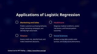 Applications of Logistic Regression
Marketing and Sales
Predict customer purchasing behavior,
target marketing campaigns, and
identify high-value leads.
Healthcare
Diagnose medical conditions, assess
risk factors, and forecast patient
outcomes.
Finance
Assess credit risk, identify fraud, and
make investment decisions.
Social Sciences
Analyze survey data, predict voter
turnout, and study social phenomena.
Contact me For PPT Making - -> https://www.fiverr.com/ppt
 