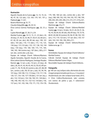 Créditos iconográficos
Ilustración
Agustín Azuela de la Cueva: pp. 13, 14, 19, 22,
46, 47, 50, 122 (ab.), 123, 164, 174, 181, 191 y
Flipbook pp. 11-221.
Beatriz Martínez: p. 33, 77.
Claudia Delgadillo: pp. 28, 29, 52.
Elvia Leticia Gómez Rodríguez: pp. 20, 55 y
56.
Lupita Martell: pp. 37, 38, 51 y 54.
Maribel Suárez: pp. 10-12, 15, 21, 23 (der.), 24,
26 (izq.), 27, 30, 32, 35, 48, 57, 58, 61, 62, 66 (arr.),
67, 82, 85 (arr. der.), 88, 89 (ab. izq.), 100, 101
(der.), 103 (ab.), 110, 113 (der.), 115, 116, 125,
130 (izq.), 131,133 (ab.), 135, 137, 138, 142, 144
(izq.), 154 (izq.), 159, 160, 169, 173, 175, 183,
184, 185, 186 (centro izq.), 187 (der.), 200 y 211
(arr. der., centro der. y ab. izq.).
Equipo de trabajo Chanti Editores/Mariana
Aguila Gonzalez, Agustín Azuela de la Cueva,
Elvia Leticia Gómez Rodríguez, Santiago Rosales
Ramón: pp. 12 (arr. y ab.), 16 (arr.), 23 (izq.), 26
(der.), 28, 34, 41, 43, 44, 45, 49, 53, 59, 63, 69 (arr.
y ab.) 71, 78, 79, 84, 85 (centro y ab.), 87, 88, 89
(arr., centro y ab.), 90, 92 (arr. y ab.), 93, 94, 99,
101 (izq.), 104-108, 112, 113 (izq.), 114, 117, 118,
120, 121, 124, 126, 127-130 (der.), 131 (arr. izq. y
ab.), 132, 133 (arr.), 134, 136, 140, 141, 144 (der.),
146, 148, 149, 150, 151, 152-153, 154 (der.), 156,
157 (arr.), 161, 165, 166, 170, 171, 172, 176-178,
179, 180, 186 (arr. der., centro der. y ab.), 187
(izq.), 188, 189, 192, 193, 194, 195, 197, 198, 199,
200, 202, 203, 205, 206, 213, 215, 217, 219 y 221.
Equipo de trabajo Chanti Editores/Beatriz
Martínez: pp. 33 y 77.
Equipo de trabajo Chanti Editores/Maribel
Suárez:pp.12(arr.),16(ab.),18,21,24,30,31,36,
42, 43, 58, 64, 65, 66 (ab.), 68, 69 (izq.), 70, 72-76,
80-81, 83, 88, 92 (centro), 95, 96, 97, 98, 102, 103
(arr.), 115, 119, 122 (arr.), 131 (arr. der.), 139, 157
(ab.), 162, 163, 182, 196, 204 y 211.
Equipo de trabajo Chanti Editores/Rosario
Valderrama: p. 17.
Íconos
Actividades: Equipo de trabajo Chanti Editores/
Maribel Suárez.
Cálculo mental: Equipo de trabajo Chanti
Editores/Maribel Suárez Sitges.
Recortable: Equipo de trabajo Chanti Editores.
Fotografía
p. 190: (arr. izq.) eclipse solar, elementos de esta
imagenproporcionadosporlaNASA,©muratart/
Shutterstock; (arr. der.) eclipse lunar total, 2015,
© Chris Collins/Shutterstock; (ab.) cometa
con rastros de polvo y gas, © solarseven/
Shutterstock.
209
LPA-MATE-2-P-152-224.indd 209 14/11/18 11:00
 
