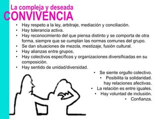 CONVIVENCIA
La compleja y deseada
• Hay respeto a la ley, arbitraje, mediación y conciliación.
• Hay tolerancia activa.
• Hay reconocimiento del que piensa distinto y se comporta de otra
forma, siempre que se cumplan las normas comunes del grupo.
• Se dan situaciones de mezcla, mestizaje, fusión cultural.
• Hay alianzas entre grupos.
• Hay colectivos específicos y organizaciones diversificadas en su
composición.
• Hay sentido de unidad/diversidad.
• Se siente orgullo colectivo.
• Posibilita la solidaridad.
hay relaciones afectivas.
• La relación es entre iguales.
• Hay voluntad de inclusión.
• Confianza.
 