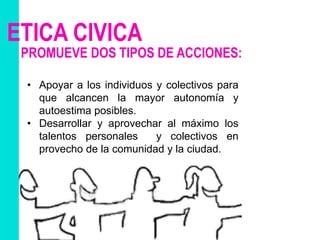 ETICA CIVICA
• Apoyar a los individuos y colectivos para
que alcancen la mayor autonomía y
autoestima posibles.
• Desarrollar y aprovechar al máximo los
talentos personales y colectivos en
provecho de la comunidad y la ciudad.
PROMUEVE DOS TIPOS DE ACCIONES:
 