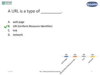 A URL is a type of _________.
A. web page
B. URI (Uniform Resource Identifier)
C. link
D. network
4/3/2020 M2 – Getting Started with JavaScript 10
 