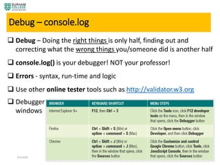 4/3/2020 M2 – Getting Started with JavaScript 22
Debug – console.log
 Debugger
windows
 Debug – Doing the right things is only half, finding out and
correcting what the wrong things you/someone did is another half
 console.log() is your debugger! NOT your professor!
 Errors - syntax, run-time and logic
 Use other online tester tools such as http://validator.w3.org
 