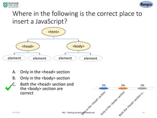 Where in the following is the correct place to
insert a JavaScript?
A. Only in the <head> section
B. Only in the <body> section
C. Both the <head> section and
the <body> section are
correct
4/3/2020 M2 – Getting Started with JavaScript 40
<html>
<head> <body>
element element element element
 