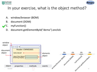 In your exercise, what is the object method?
A. window/browser (BOM)
B. document (DOM)
C. myFunction()
D. document.getElementById("demo").onclick
4/3/2020 614/3/2020
4/3/2020 properties methods eventsobject
X
Header: CWMD2601
Hello World!
Input Your Name:
Greeting Display:
window
object
document
object elements
object
 