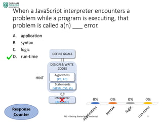 When a JavaScript interpreter encounters a
problem while a program is executing, that
problem is called a(n) ___ error.
A. application
B. syntax
C. logic
D. run-time
4/3/2020 M2 – Getting Started with JavaScript 82
HINT
Algorithms
(PC, FC)
Statements
(HTML,CSS, JS)
DEFINE GOALS
DESIGN & WRITE
CODES
Interpreter
(Browser)×
 