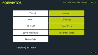 Parallax
Overslide
Spin Cube
In-banner video
FORMATOS
HTML 5
VAST
M RAID
Layer Interativo
Native Ads
Viewability e CTR altos.
 