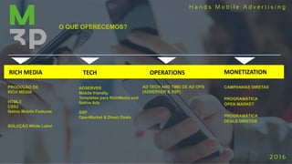O QUE OFERECEMOS?
PRODUÇÃO DE
RICH MEDIA
HTML5
CSS3
Native Mobile Features
SOLUÇÃO White Label
RICH MEDIA TECH OPERATIONS MONETIZATION
ADSERVER
Mobile friendly,
Templates para RichMedia and
Native Ads
SSP
OpenMarket & Direct Deals
AD TECH AND TIME DE AD OPS
(ADSERVER & SSP)
CAMPANHAS DIRETAS
PROGRAMÁTICA
OPEN MARKET
PROGRAMÁTICA
DEALS DIRETOS
 