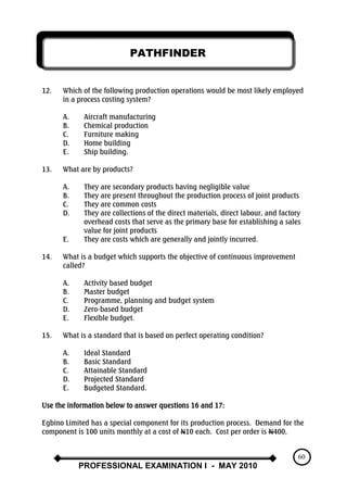 PATHFINDER
PROFESSIONAL EXAMINATION I - MAY 2010
60
12. Which of the following production operations would be most likely employed
in a process costing system?
A. Aircraft manufacturing
B. Chemical production
C. Furniture making
D. Home building
E. Ship building.
13. What are by products?
A. They are secondary products having negligible value
B. They are present throughout the production process of joint products
C. They are common costs
D. They are collections of the direct materials, direct labour, and factory
overhead costs that serve as the primary base for establishing a sales
value for joint products
E. They are costs which are generally and jointly incurred.
14. What is a budget which supports the objective of continuous improvement
called?
A. Activity based budget
B. Master budget
C. Programme, planning and budget system
D. Zero-based budget
E. Flexible budget.
15. What is a standard that is based on perfect operating condition?
A. Ideal Standard
B. Basic Standard
C. Attainable Standard
D. Projected Standard
E. Budgeted Standard.
Use the information below to answer questions 16 and 17:
Egbino Limited has a special component for its production process. Demand for the
component is 100 units monthly at a cost of N10 each. Cost per order is N400,
 