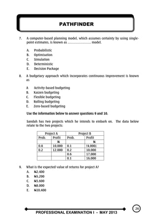 PATHFINDER
PROFESSIONAL EXAMINATION I - MAY 2013
26
7. A computer-based planning model, which assumes certainty by using single-
point estimates, is known as …………………. model.
A. Probabilistic
B. Optimisation
C. Simulation
D. Deterministic
E. Decision Package
8. A budgetary approach which incorporates continuous improvement is known
as
A Activity-based budgeting
B. Kaizen budgeting
C. Flexible budgeting
D. Rolling budgeting
E. Zero-based budgeting
Use the information below to answer questions 9 and 10.
Sandah has two projects which he intends to embark on. The data below
relate to the two projects:
Project A Project B
Prob. Profit Prob. Profit
N N
0.8 10,000 0.1 (4,000)
0.2 12,000 0.2 10,000
0.6 17,000
0.1 16,000
9. What is the expected value of returns for project A?
A. N2,400
B. N5,200
C. N5,600
D. N8,000
E. N10,400
 