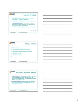 Learning Feedback

     Learning feedback can be provided by the system
     environment or the agents themselves.
        Supervised learning: specifies the desired activities/objectives of
     learning – feedback from a teacher

       Unsupervised learning: no explicit feedback is provided and the
     objective is to find out useful and desired activities on the basis of trial-and-error
     and self-organisation processes – a passive observer

        Reinforcement learning: specifies the utility of the actual activity of
     the learner and the objectives is to maximise this utility – feedback from a critic



                                                                          [ Sen & Weiss, 1999 ]


Valentina Plekhanova             Machine Learning: Introduction                               7




                                                       Ways of Learning

      Rote learning, i.e. learning from memory; in a mechanical way
      Learning from examples and by practice
      Learning from instructions/advice/explanations
      Learning by analogy
      Learning by discovery
      …



Valentina Plekhanova             Machine Learning: Introduction                               8




                       Inductive & Deductive Learning

      Inductive Learning: Reasoning from a set of examples
                 Learning
      to produce a general rules. The rules should be
      applicable to new examples, but there is no guarantee
      that the result will be correct.
      Deductive Learning: Reasoning from a set of known
                 Learning
      facts and rules to produce additional rules that are
      guaranteed to be true.




Valentina Plekhanova             Machine Learning: Introduction                               9




                                                                                                  3
 