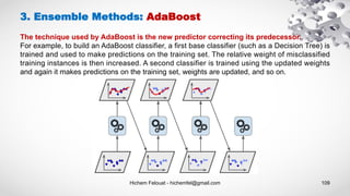 Hichem Felouat - hichemfel@gmail.com 109
3. Ensemble Methods: AdaBoost
The technique used by AdaBoost is the new predictor correcting its predecessor.
For example, to build an AdaBoost classifier, a first base classifier (such as a Decision Tree) is
trained and used to make predictions on the training set. The relative weight of misclassified
training instances is then increased. A second classifier is trained using the updated weights
and again it makes predictions on the training set, weights are updated, and so on.
 