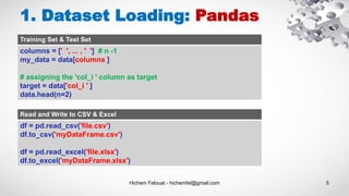 Hichem Felouat - hichemfel@gmail.com 5
1. Dataset Loading: Pandas
Training Set & Test Set
columns = [' ', ... , ' '] # n -1
my_data = data[columns ]
# assigning the 'col_i ' column as target
target = data['col_i ' ]
data.head(n=2)
Read and Write to CSV & Excel
df = pd.read_csv('file.csv')
df.to_csv('myDataFrame.csv')
df = pd.read_excel('file.xlsx')
df.to_excel('myDataFrame.xlsx')
 