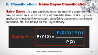 Hichem Felouat - hichemfel@gmail.com 80
2. Classification: Naive Bayes Classification
Naive Bayes: is a probabilistic machine learning algorithm that
can be used in a wide variety of classification tasks. Typical
applications include filtering spam, classifying documents, sentiment
prediction, etc. It is based on the Bayes theory.
 
