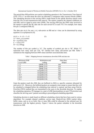 International Journal of Wireless & Mobile Networks (IJWMN) Vol. 6, No. 5, October 2014 
111 
The period that eNB performs new packet scheduling operation is the Transmission Time Interval (TTI). TTI is 1 ms that mean the users are allocated 2 contiguous radio resource blocks (2RBs). The scheduling decision in the serving eNB is made based on the uplink direction reports come from the UEs at each transmission time interval. The reports comprise the channel conditions on each RB, such as signal to noise ratio (SNR). The serving eNB uses the SNR value involved in the reports to specify the DL data rate for each served UE in each TTI. For example, how many bits per 2 contiguous RBs [8]. 
The data rate for user i at j sub-carrier on RB and at t time can be determined by using equation (1) as proposed in [9]. 
(1) 
A = 
B = 
C = 
D = rgg 
The number of bits per symbol is “A”. The number of symbols per slot is “B”. While “C” represents how many slots per TTI, “D” clarifies how many sub-carriers per RB. Table 1 summarizes the mapping between SNR values and their associated data rates. 
Table 1. Mapping between instantaneous downlink SNR and data rate 
Minimum SNR Modulation and Data Rate 
Level (dB) coding (Kbps) 
1.7 QPSK (1/2) 168 
3.7 QPSK (2/3) 224 
4.5 QPSK (3/4) 252 
7.2 16 QAM (1/2) 336 
9.5 16 QAM (2/3) 448 
10.7 16 QAM (3/4) 504 
14.8 64 QAM (2/3) 672 
16.1 64 QAM (3/4) 756 
Upon the packets reach the eNB, they are buffered in eNB in a specific container allocated for each active UE. Moreover, the buffered packets are assigned a time stamp to ensure that they will be scheduled or dropped before the scheduling time interval is expired, and then using First-In- First-Out (FIFO) method they are transmitted to the users in the downlink direction. To explain the scheduling operation, PS manager (is a part of eNB functionalities) at each TTI priorities and classifies the arriving users’ packets according to preconfigured scheduling algorithm. 
Scheduling decision is made based on different scheduling criteria that have been used in various algorithms. For example channel condition, service type, Head-of-Line (HOL) packet delay, buffer status, and so on so forth. One or more RBs could be allocated to the selected user for transmission with the highest priority. Figure 2 shows the packet scheduler in the downlink direction at eNB. 
 