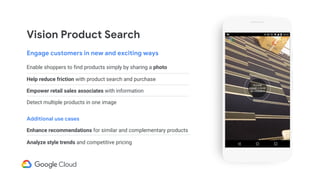 Ensures
privacy &
compliance
Engage customers in new and exciting ways
Enable shoppers to find products simply by sharing a photo
Help reduce friction with product search and purchase
Empower retail sales associates with information
Detect multiple products in one image
Additional use cases
Enhance recommendations for similar and complementary products
Analyze style trends and competitive pricing
Vision Product Search
 