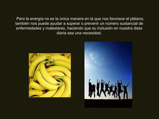 Pero la energía no es la única manera en la que nos favorece el plátano,Pero la energía no es la única manera en la que nos favorece el plátano,
también nos puede ayudar a superar o prevenir un número sustancial detambién nos puede ayudar a superar o prevenir un número sustancial de
enfermedades y malestares, haciendo que su inclusión en nuestra dietaenfermedades y malestares, haciendo que su inclusión en nuestra dieta
diaria sea una necesidad.diaria sea una necesidad.
 