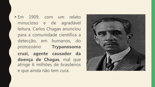 • Em 1909, com um relato
minucioso e de agradável
leitura, Carlos Chagas anunciou
para a comunidade científica a
detecção, em humanos, do
protozoário Trypanosoma
cruzi, agente causador da
doença de Chagas, mal que
atinge 6 milhões de brasileiros
e que ainda não tem cura.
 