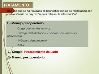 TRATAMIENTOTRATAMIENTO
“Una vez que se ha realizado el diagnóstico clínico de malrotación con
posible vólvulo no hay razón para retrasar la intervención”
1.- Manejo preoperatorio
-Coger buenas vías venosas
-Corregir deshidratación y acidosis con soluciones
intravenosas
-SNG para descompresión
-ATB iv
2.- Cirugía: Procedimiento de LaddProcedimiento de Ladd
3.- Manejo postoperatorio
 