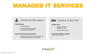 MANAGED IT SERVICES
Confidential Information
Field Services
 59 Marco locations
 750+ certified systems engineers
and technical representatives
Marco Extended Support Network
 For areas we can’t reach, we are members of a
national support network of “smart hands”
Unlimited On-Site Support
On-Site Visits
 Regularly scheduled
maintenance visits
 Recurring health checks
Proactive On-Site Visits
Third Party Software Support
(Requires active support contract)
 