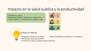 Impacto en la salud publica y la productividad
• Ausentismo y fatiga
• Rendimiento laboral y adherencia a tratamientos
• Costos sanitarios y disminución de calidad de vida
Estrategia de mitigación:
•Programas basados ​
​
en evidencia
•Prevención estructural de ECNT
•Fomento de culturas organizacionales resilientes
Mejoran indicadores psicológicos y fisiológicos
 