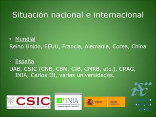 Situación nacional e internacional
• Mundial
Reino Unido, EEUU, Francia, Alemania, Corea, China
• España
UAB, CSIC (CNB, CBM, CIB, CMRB, etc.), CRAG,
INIA, Carlos III, varias universidades.
 