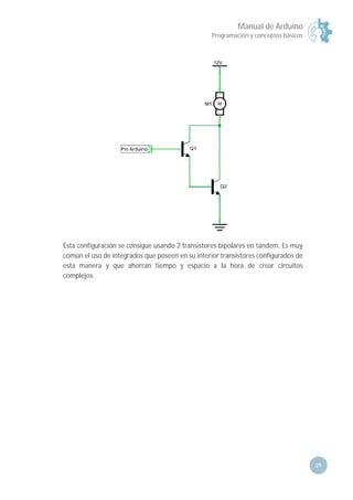 Manual de Arduino
Programación y conceptos básicos
29
Esta configuración se consigue usando 2 transistores bipolares en tándem. Es muy
común el uso de integrados que poseen en su interior transistores configurados de
esta manera y que ahorran tiempo y espacio a la hora de crear circuitos
complejos.
 