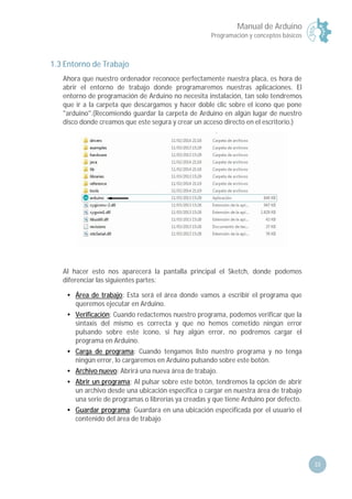 Manual de Arduino
Programación y conceptos básicos
33
1.3 Entorno de Trabajo
Ahora que nuestro ordenador reconoce perfectamente nuestra placa, es hora de
abrir el entorno de trabajo donde programaremos nuestras aplicaciones. El
entorno de programación de Arduino no necesita instalación, tan solo tendremos
que ir a la carpeta que descargamos y hacer doble clic sobre el icono que pone
"arduino".(Recomiendo guardar la carpeta de Arduino en algún lugar de nuestro
disco donde creamos que este segura y crear un acceso directo en el escritorio.)
Al hacer esto nos aparecerá la pantalla principal el Sketch, donde podemos
diferenciar las siguientes partes:
• Área de trabajo: Esta será el área donde vamos a escribir el programa que
queremos ejecutar en Arduino.
• Verificación: Cuando redactemos nuestro programa, podemos verificar que la
sintaxis del mismo es correcta y que no hemos cometido ningún error
pulsando sobre este icono, si hay algún error, no podremos cargar el
programa en Arduino.
• Carga de programa: Cuando tengamos listo nuestro programa y no tenga
ningún error, lo cargaremos en Arduino pulsando sobre este botón.
• Archivo nuevo: Abrirá una nueva área de trabajo.
• Abrir un programa: Al pulsar sobre este botón, tendremos la opción de abrir
un archivo desde una ubicación especifica o cargar en nuestra área de trabajo
una serie de programas o librerías ya creadas y que tiene Arduino por defecto.
• Guardar programa: Guardara en una ubicación especificada por el usuario el
contenido del área de trabajo
 