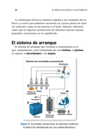 2. PARTES ELÉCTRICAS Y ELECTRÓNICAS32
La simbología eléctrica también engloba a los símbolos del ta-
blero y a otros que podemos encontrar en ciertas partes de nues-
tro vehículo, como en las puertas o el baúl. Además, debemos
saber que en algunos automóviles de distintas marcas existen
pequeñas variaciones en su significado.
El sistema de arranque
El sistema de arranque que veremos a continuación es el
que, normalmente, está conformado por una bobina, el platino
(o ruptor), el distribuidor y las bujías.
Figura 5. Encendido convencional: en vehículos modernos
el platino fue reemplazado por una unidad electrónica.
4
3
2
1
CapacitorBobina de
encendidoBatería
Platino
Ruptor
Distribuidor
Contactor
Chispa de
combustión
Bujías
Sistema de encendido convencional
 