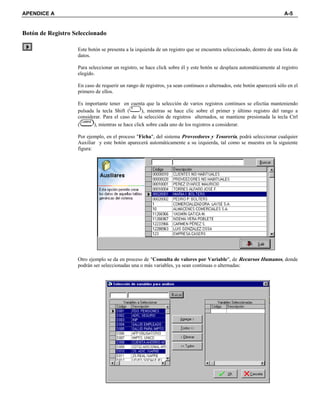 APENDICE A A-5
Botón de Registro Seleccionado
Este botón se presenta a la izquierda de un registro que se encuentra seleccionado, dentro de una lista de
datos.
Para seleccionar un registro, se hace click sobre él y este botón se desplaza automáticamente al registro
elegido.
En caso de requerir un rango de registros, ya sean continuos o alternados, este botón aparecerá sólo en el
primero de ellos.
Es importante tener en cuenta que la selección de varios registros continuos se efectúa manteniendo
pulsada la tecla Shift ( ), mientras se hace clic sobre el primer y último registro del rango a
considerar. Para el caso de la selección de registros alternados, se mantiene presionada la tecla Ctrl
( ), mientras se hace click sobre cada uno de los registros a considerar.
Por ejemplo, en el proceso "Ficha", del sistema Proveedores y Tesorería, podrá seleccionar cualquier
Auxiliar y este botón aparecerá automáticamente a su izquierda, tal como se muestra en la siguiente
figura:
Otro ejemplo se da en proceso de "Consulta de valores por Variable", de Recursos Humanos, donde
podrán ser seleccionadas una o más variables, ya sean continuas o alternadas:
 