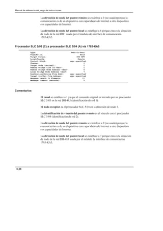 Preface
Manual de referencia del juego de instrucciones


                         La dirección de nodo del puente remoto se establece a 0 (no usado) porque la
                         comunicación es de un dispositivo con capacidades de Internet a otro dispositivo
                         con capacidades de Internet.

                         La dirección de nodo del puente local se establece a 6 porque esta es la dirección
                         de nodo de la red DH+ usada por el módulo de interface de comunicación
                         1785-KA5.


Procesador SLC 5/03 (C) a procesador SLC 5/04 (A) vía 1785-KA5

               Type:                              Peer–to–Peer
               Read/Write:                                Read
               Target Device:                          500 CPU
               Local/Remote:                            Remote
               Control Block:                    user specified
               Channel:                                      1
               Target Node (decimal):                        1
               Remote Bridge Link Id dec:                  1
               Remote Bridge Node Address dec:             0
               Local Bridge Node Address dec:              7
               Destination/Source File Addr:     user specified
               Target Src/Dst File Address:      user specified
               Message Length In Elements:                  11
               Message Timeout (seconds):                    5




Comentarios

                         El canal se establece a 1 ya que el comando original es iniciado por un procesador
                         SLC 5/03 en la red DH-485 (identificación de red 1).

                         El nodo receptor es el procesador SLC 5/04 en la dirección de nodo 1.

                         La identificación de vínculo del puente remoto es el vínculo con el procesador
                         SLC 5/04 (identificación de red 2).

                         La dirección de nodo del puente remoto se establece a 0 (no usado) porque la
                         comunicación es de un dispositivo con capacidades de Internet a otro dispositivo
                         con capacidades de Internet.

                         La dirección de nodo del puente local se establece a 7 porque ésta es la dirección
                         de nodo de la red DH-485 usada por el módulo de interface de comunicación
                         1785-KA5.




 8–46
 