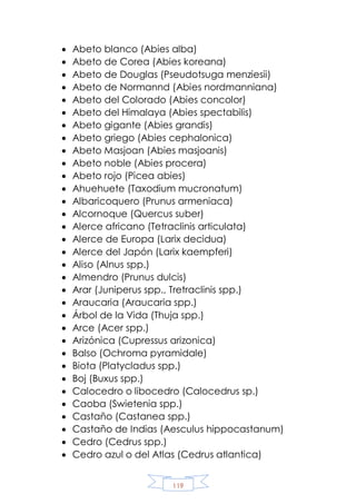 119
 Abeto blanco (Abies alba)
 Abeto de Corea (Abies koreana)
 Abeto de Douglas (Pseudotsuga menziesii)
 Abeto de Normannd (Abies nordmanniana)
 Abeto del Colorado (Abies concolor)
 Abeto del Himalaya (Abies spectabilis)
 Abeto gigante (Abies grandis)
 Abeto griego (Abies cephalonica)
 Abeto Masjoan (Abies masjoanis)
 Abeto noble (Abies procera)
 Abeto rojo (Picea abies)
 Ahuehuete (Taxodium mucronatum)
 Albaricoquero (Prunus armeniaca)
 Alcornoque (Quercus suber)
 Alerce africano (Tetraclinis articulata)
 Alerce de Europa (Larix decidua)
 Alerce del Japón (Larix kaempferi)
 Aliso (Alnus spp.)
 Almendro (Prunus dulcis)
 Arar (Juniperus spp., Tretraclinis spp.)
 Araucaria (Araucaria spp.)
 Árbol de la Vida (Thuja spp.)
 Arce (Acer spp.)
 Arizónica (Cupressus arizonica)
 Balso (Ochroma pyramidale)
 Biota (Platycladus spp.)
 Boj (Buxus spp.)
 Calocedro o libocedro (Calocedrus sp.)
 Caoba (Swietenia spp.)
 Castaño (Castanea spp.)
 Castaño de Indias (Aesculus hippocastanum)
 Cedro (Cedrus spp.)
 Cedro azul o del Atlas (Cedrus atlantica)
 