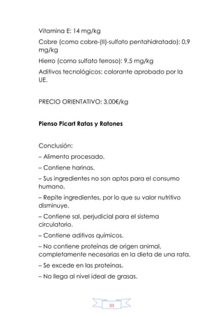 33
Vitamina E: 14 mg/kg
Cobre (como cobre-(II)-sulfato pentahidratado): 0,9
mg/kg
Hierro (como sulfato ferroso): 9,5 mg/kg
Aditivos tecnológicos: colorante aprobado por la
UE.
PRECIO ORIENTATIVO: 3,00€/kg
Pienso Picart Ratas y Ratones
Conclusión:
– Alimento procesado.
– Contiene harinas.
– Sus ingredientes no son aptos para el consumo
humano.
– Repite ingredientes, por lo que su valor nutritivo
disminuye.
– Contiene sal, perjudicial para el sistema
circulatorio.
– Contiene aditivos químicos.
– No contiene proteínas de origen animal,
completamente necesarias en la dieta de una rata.
– Se excede en las proteínas.
– No llega al nivel ideal de grasas.
 
